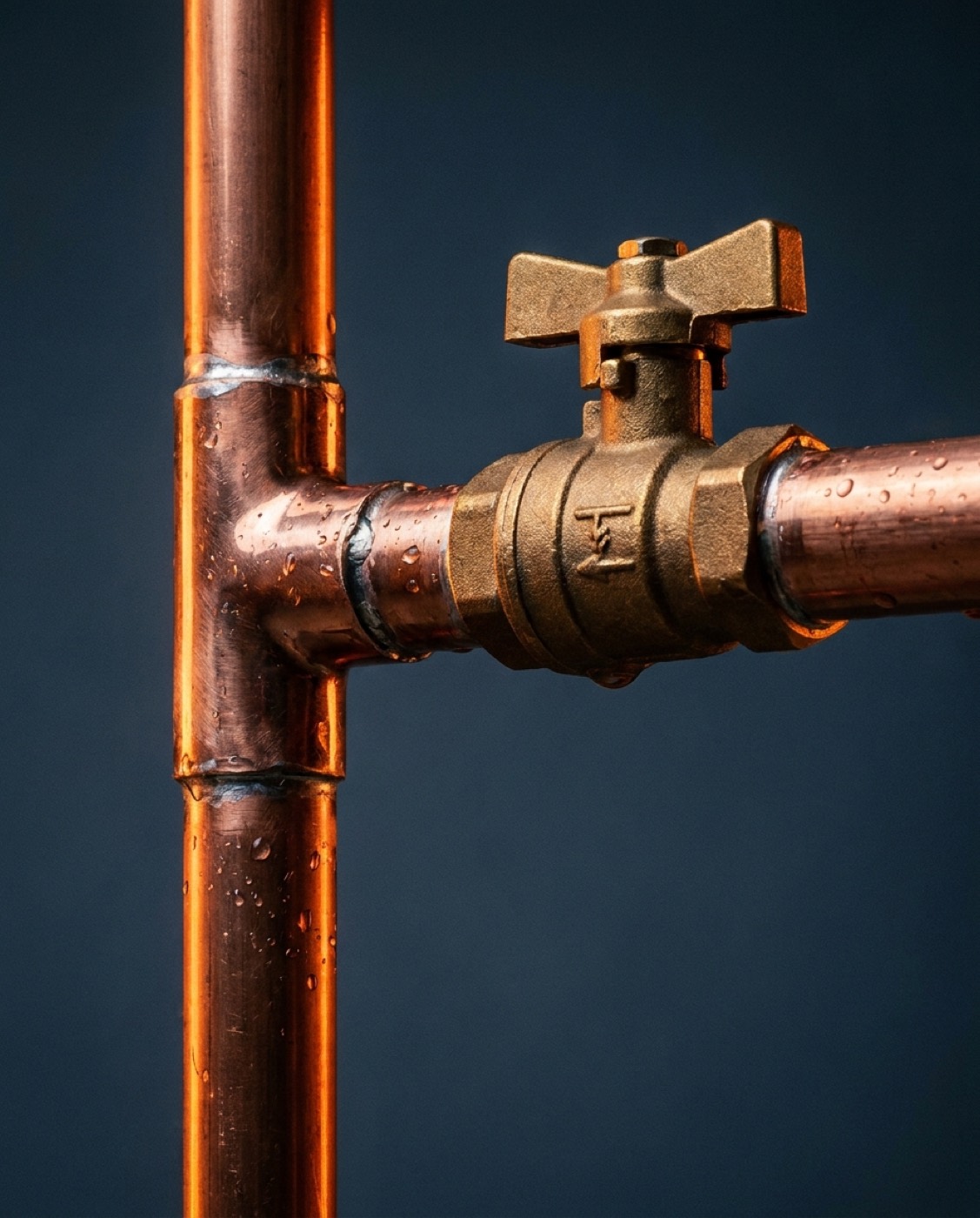 Polished copper pipework with a brass valve, lit warm against deep blue