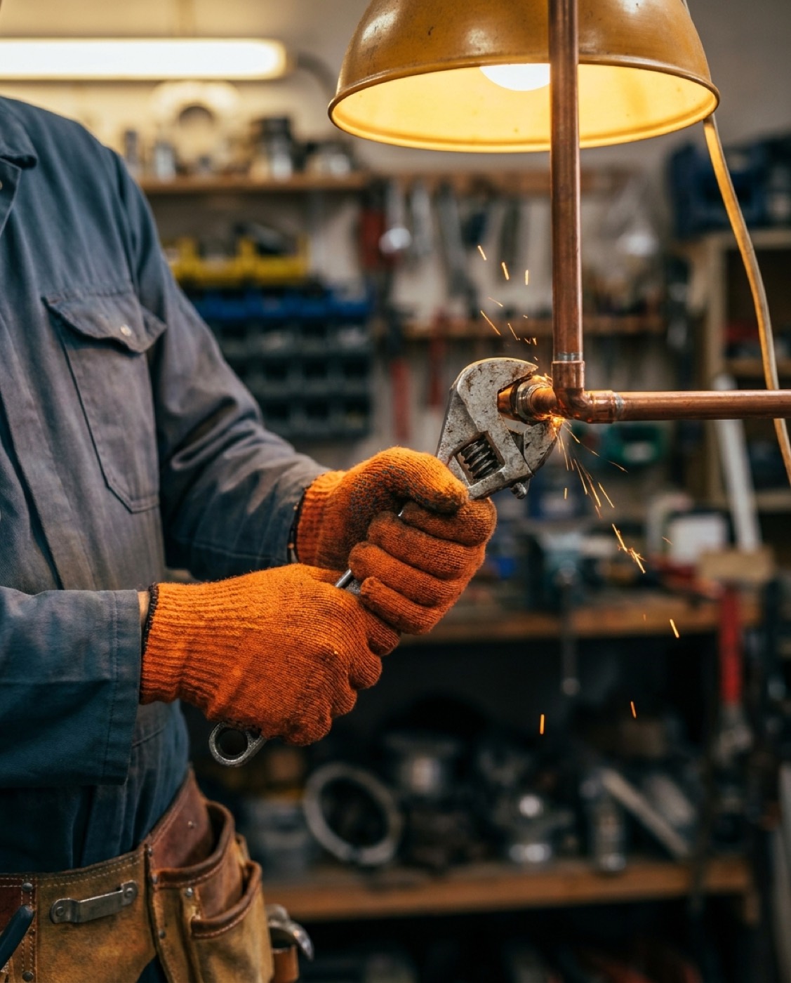 Gloved hands tightening a copper fitting with a wrench