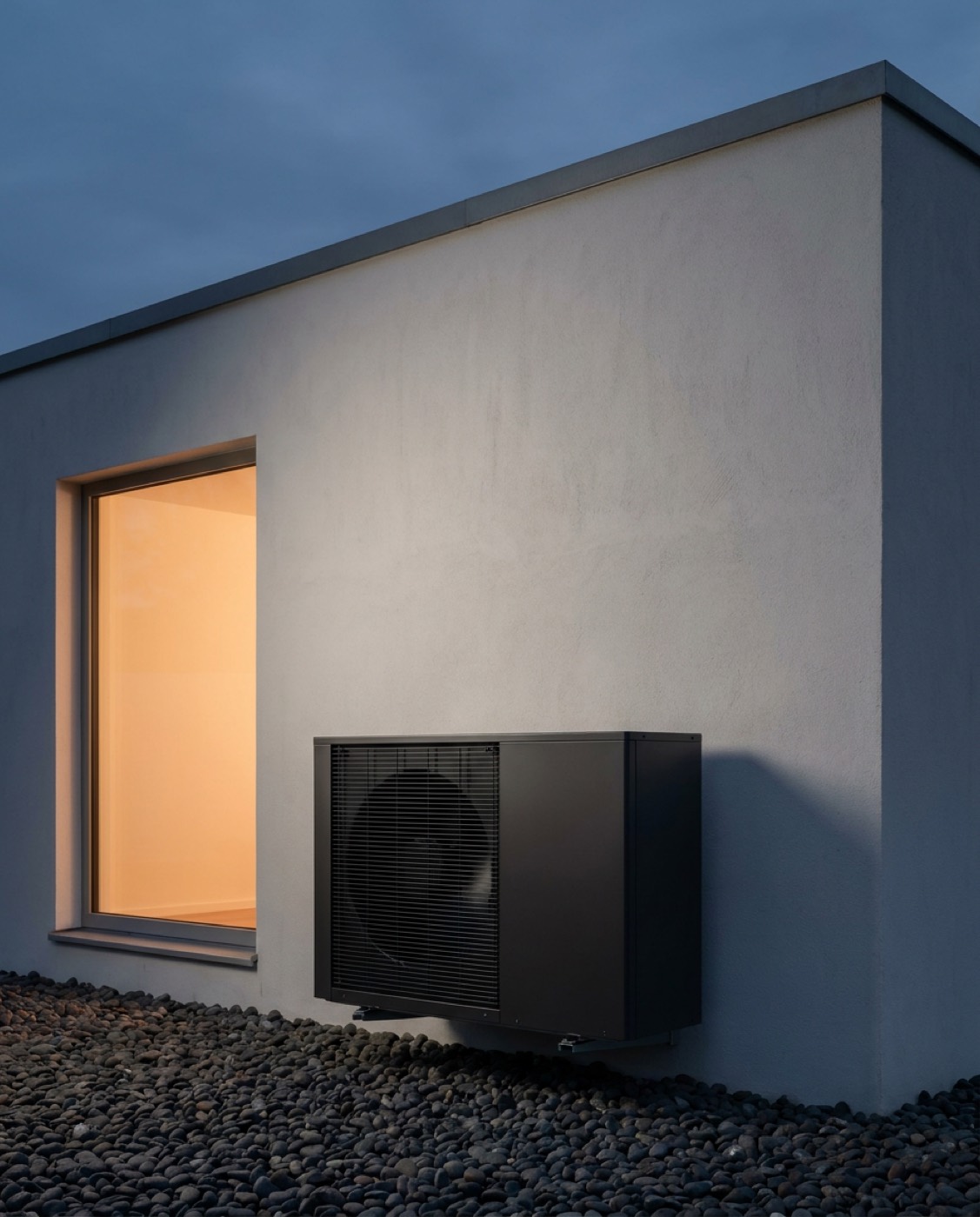 Modern heat pump condenser beside an off-white wall at dusk