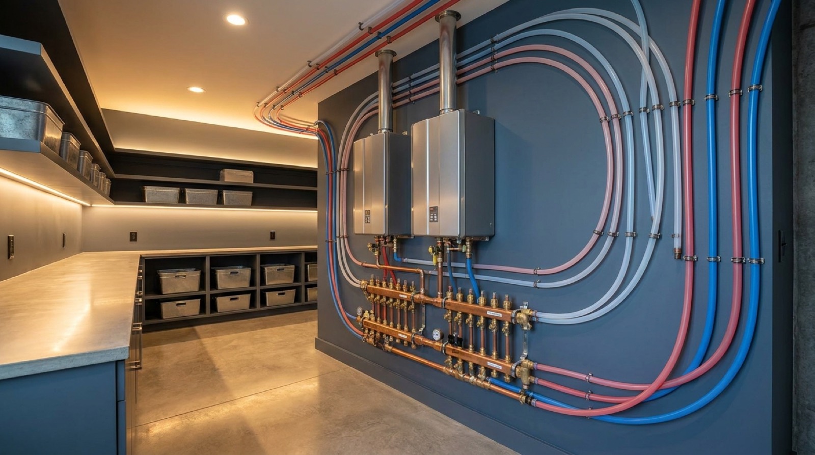Immaculate mechanical room with tankless water heaters and a neat copper manifold