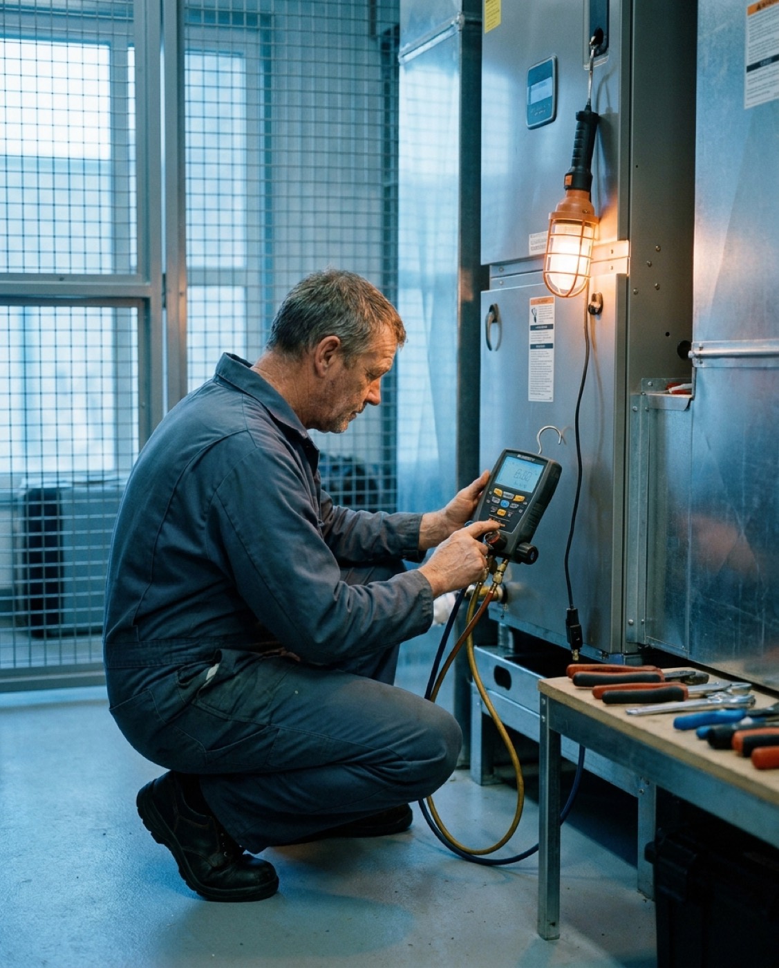 HVAC technician checking a modern air handler with a digital manifold gauge