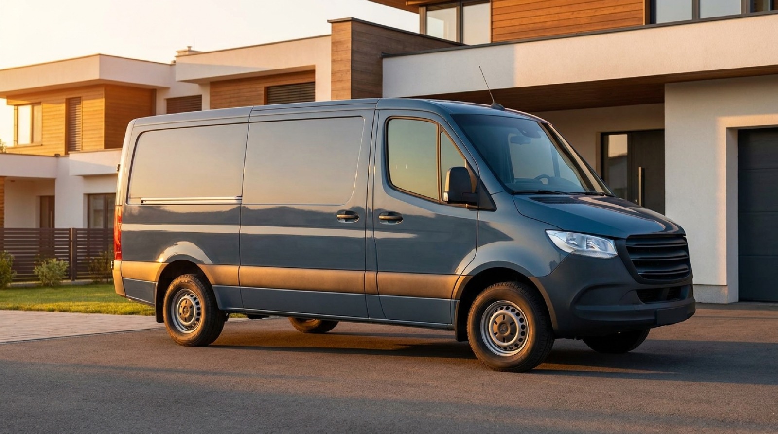 Unmarked slate-blue service van parked outside a modern home at golden hour